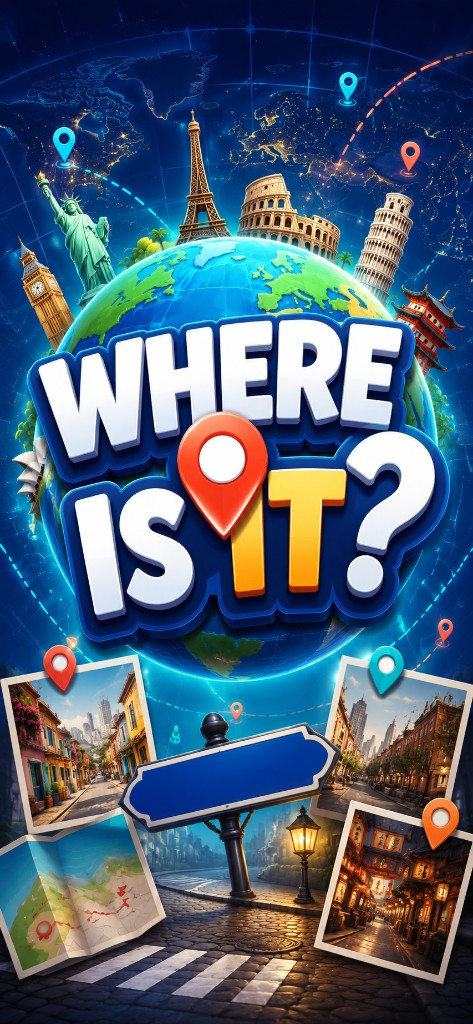 Where is it splash screen with globe, landmarks, and logo
